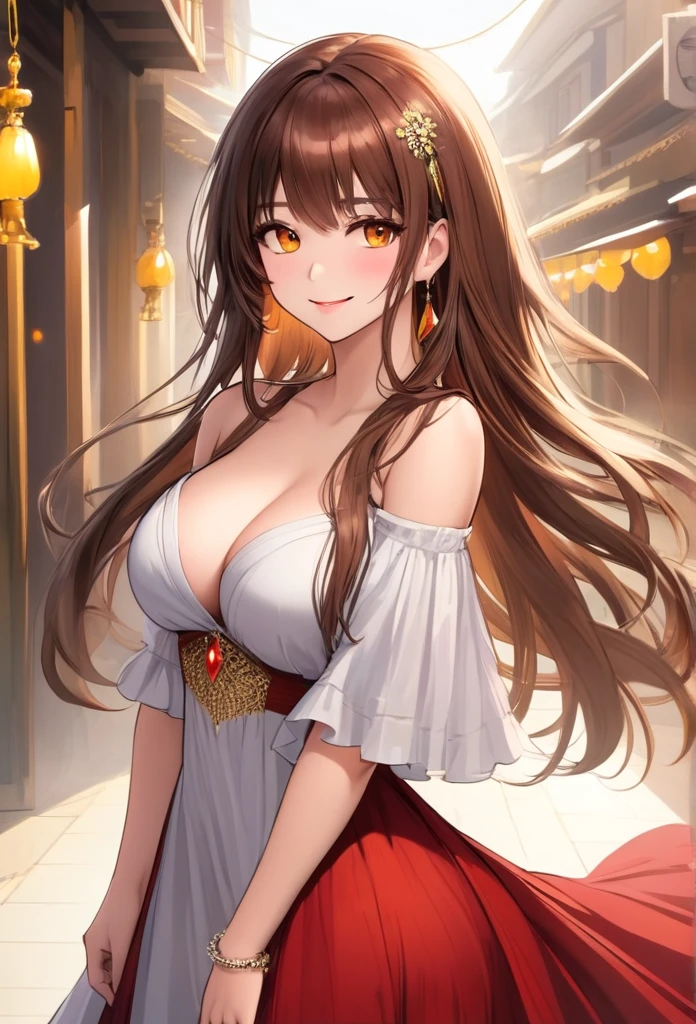 1 girl, alone, brown, long hair, breasts, looking at viewer, smile, bangs, brown hair, dress, jewelry, medium breasts, closed mouth, yellow eyes, red lips, standing, 
