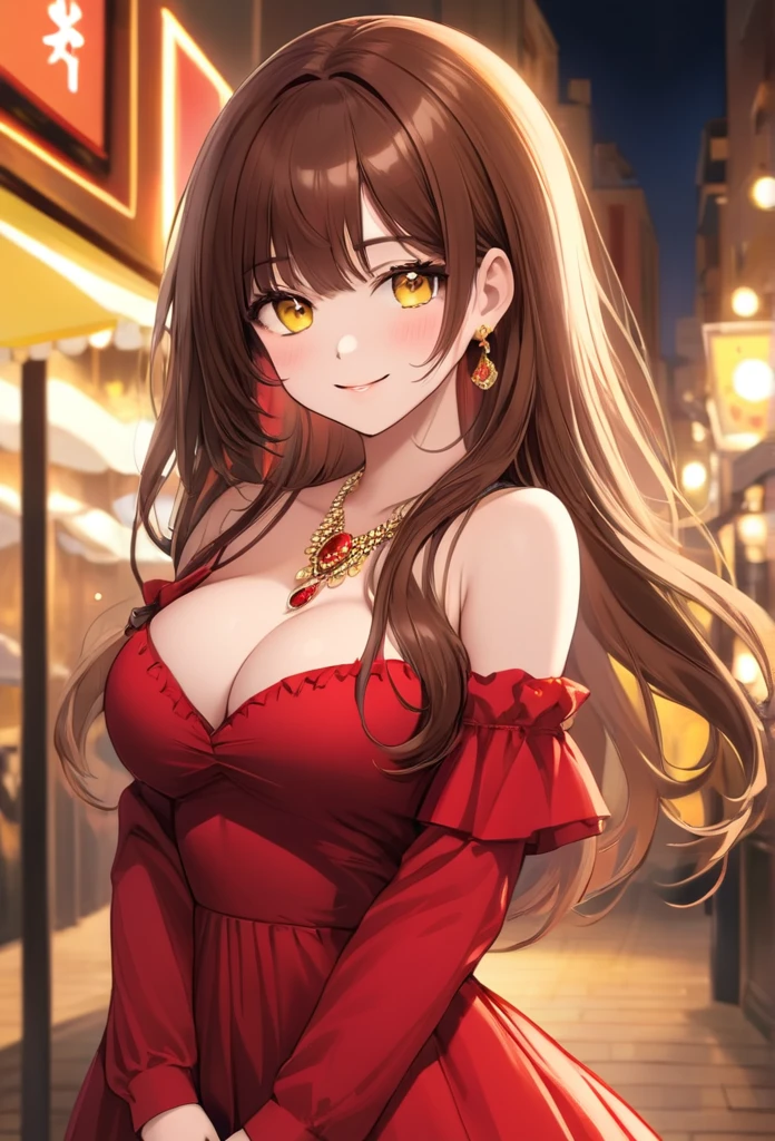 1 girl, alone, brown, long hair, ???????, looking at viewer, smile, bangs, brown hair, dress, jewelry, ??????????????, closed mouth, yellow eyes, red lips, standing, 