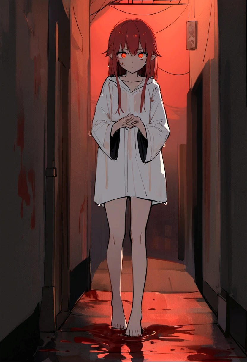 work of art, best qualityer, gazing at viewer, front viewer, ????? legs, 1 girl, standing alone, trunk, 弓, seraphim, disgusted face, night time, chuva pesada, plein-air, citys, top cut, へそ, wetclothes, soggy, excessively long sleeves, hands in sleeves, blood tears, blood marks, dark alley, blood splattered on the floor, bright red light, glare eyes, Depth of field,holding a knife,Red Sky, atmofer,perfect hands