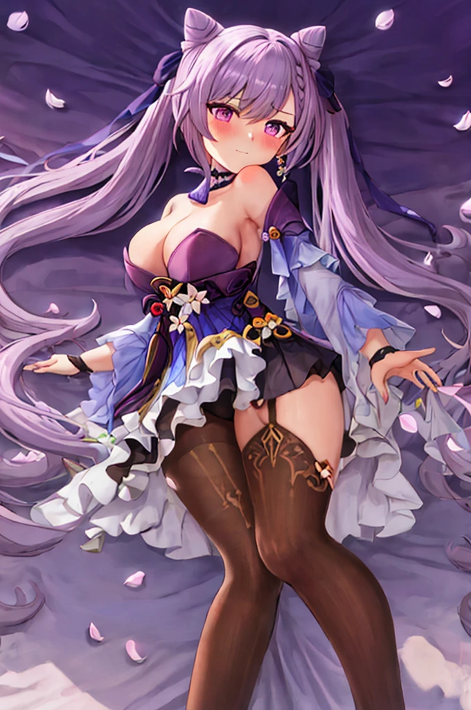 best quality, masterpiece, highres, solo, {keqing_genshin:1.15}, long_hair, purple_hair, purple_eyes, hair_bun, cone_hair_bun, twintails, bangs, double_bun, breasts, hair_ornament, blush, braid, medium_breasts, closed_mouth, 1girl, bare_shoulders, dress, looking_at_viewer, official_alternate_costume, strapless, black_dress, bow, ribbon, strapless_dress, upper_body, cleavage, hair_ribbon