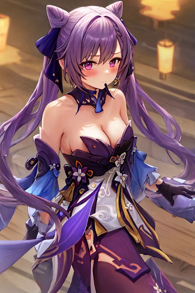 best quality, masterpiece, highres, solo, {keqing_genshin:1.15}, long_hair, purple_hair, purple_eyes, hair_bun, cone_hair_bun, twintails, bangs, double_bun, breasts, hair_ornament, blush, braid, medium_breasts, closed_mouth, 1girl, bare_shoulders, dress, looking_at_viewer, official_alternate_costume, strapless, black_dress, bow, ribbon, strapless_dress, upper_body, cleavage, hair_ribbon