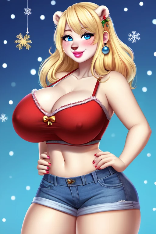 Blonde polar bear woman, wearing a Christmas bra and jean shorts, perfect face, blue eyes, , cleavage, three-quarter view, solo, smile, perfect detailed body, pink lipstick, gold earring, hand on , blushing