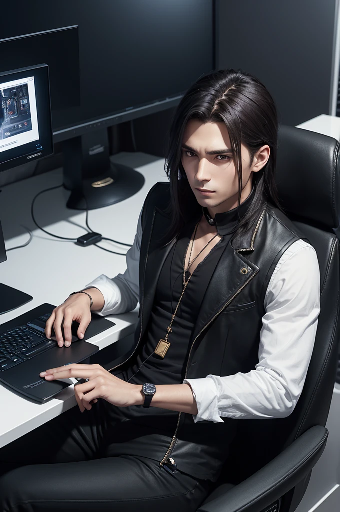 A male character with pointed hair, long-sleeved black shirt and vest sitting on a Gamer chair using the computer with a Golden lanyard, a Juliet