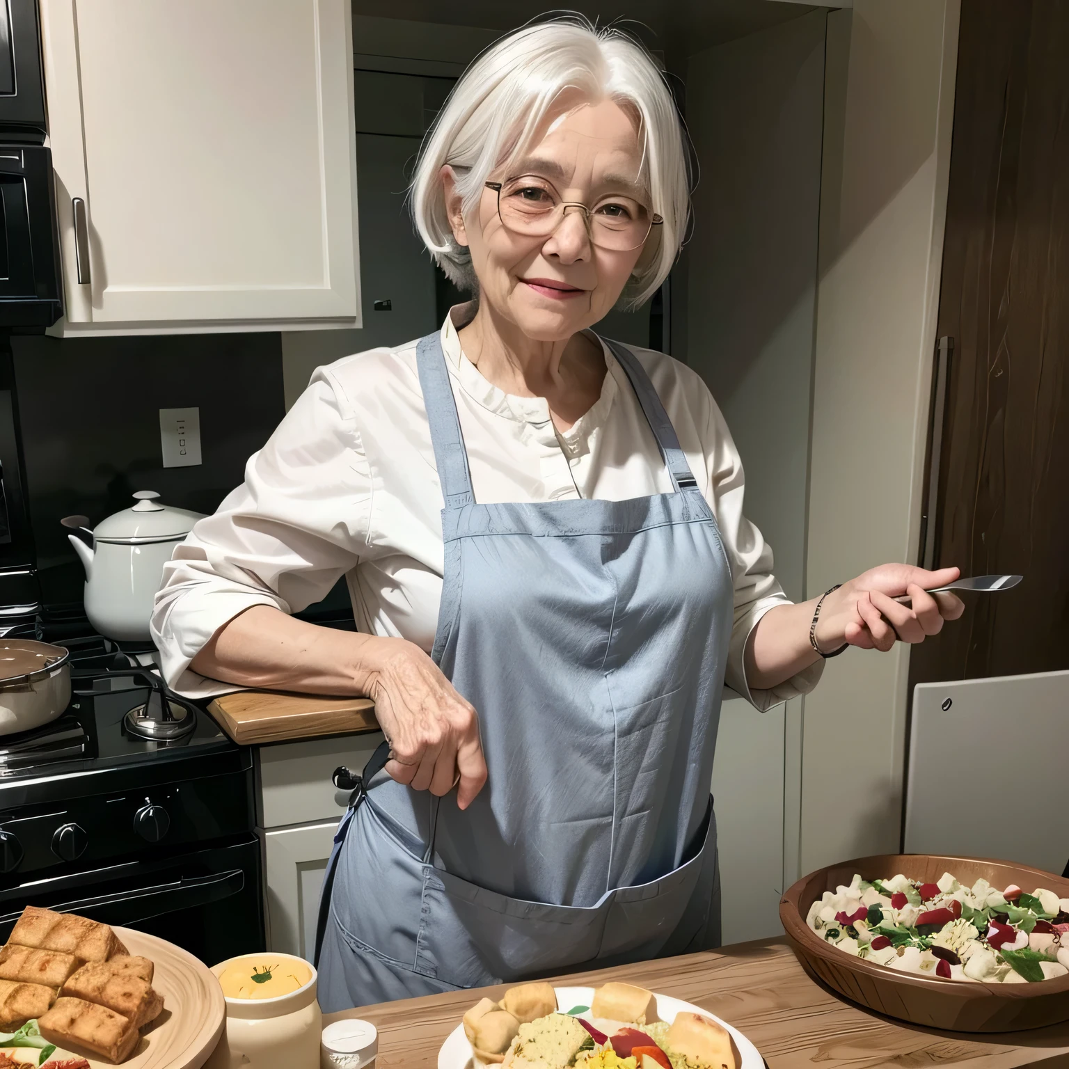a single elderly woman with white hair wearing glasses and a cooking apron serving the rectangular table full of food