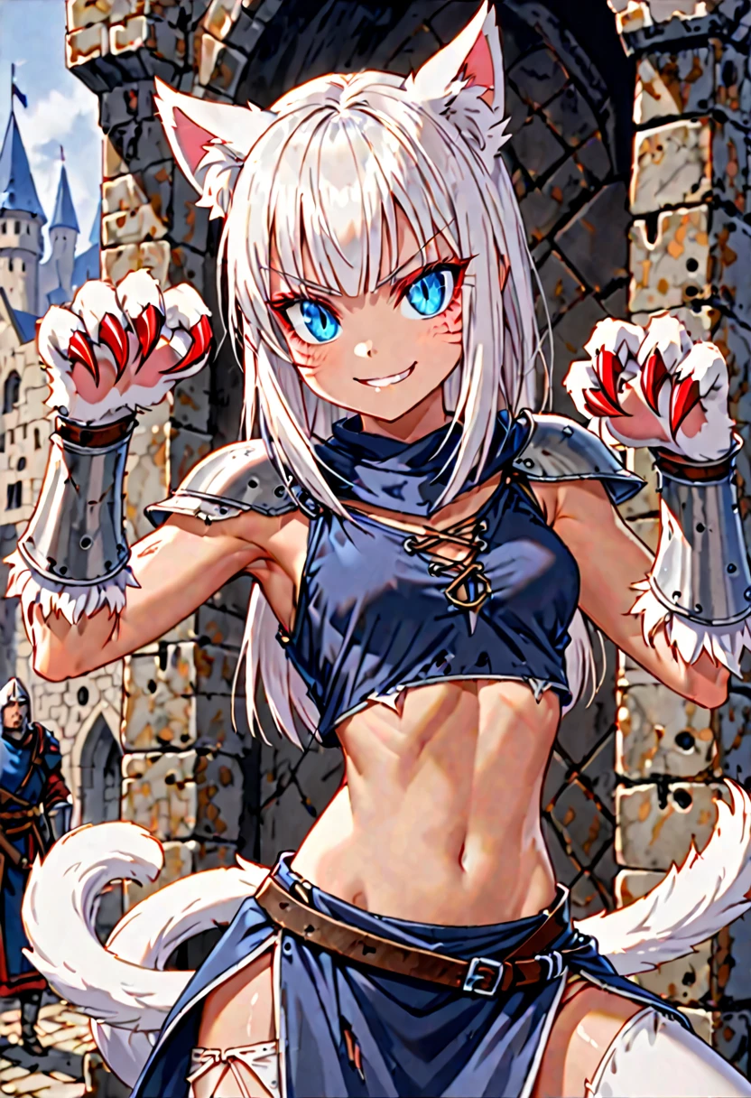 female, short white hair, straight hair, blue eyes, short, white furry forearms, furry claws, white cat ears, white cat tail, slit pupils, small breasts, short, warrior stance, skimpy clothes, medieval, athletic, bare midriff, cheeky smile, close up, tattered clothes, red mascara, winking one eye
