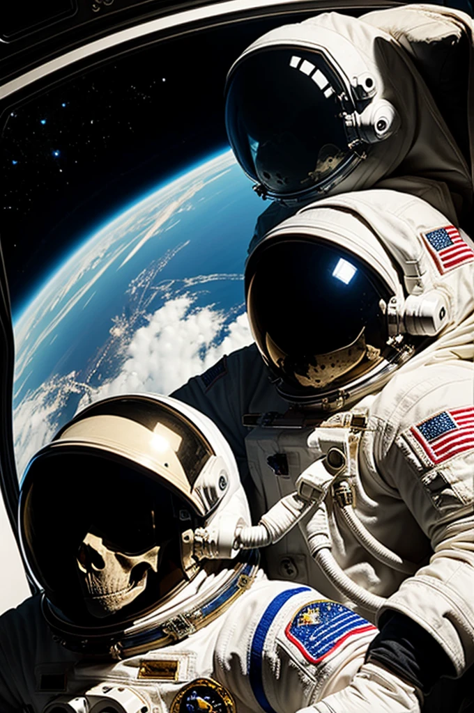 An astronaut with a skull face and next to him a puppy in space