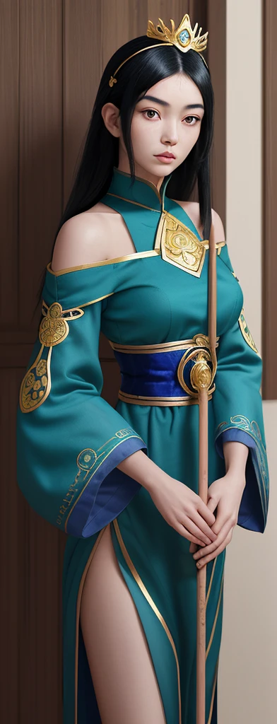 An oriental girl with a round face.
Her jet black hair is cut above her shoulders..
He wears a blue tunic with gold embroidery on the sleeves and bottom..
He wears a diadem with a green gem on his forehead and in his hand he carries a staff with a bluish crystal at the top..

In the background you can see the double reinforced wooden doors of some stone construction. 