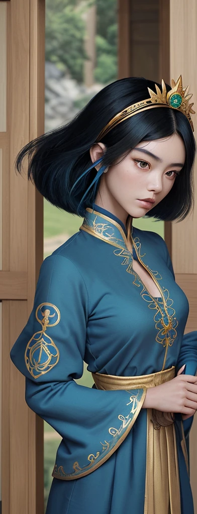 An oriental girl with a round face.
Her jet black hair is cut above her shoulders..
He wears a blue tunic with gold embroidery on the sleeves and bottom..
He wears a diadem with a green gem on his forehead and in his hand he carries a staff with a bluish crystal at the top..
In the background you can see the double reinforced wooden doors of some stone construction.
