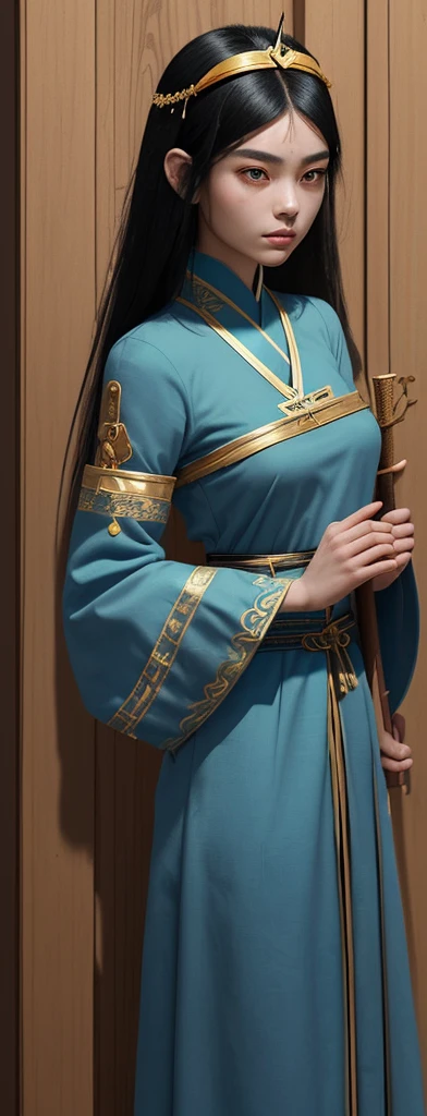An oriental girl with a round face.
Her jet black hair is cut above her shoulders..
He wears a blue tunic with gold embroidery on the sleeves and bottom..
He wears a diadem with a green gem on his forehead and in his hand he carries a staff with a bluish crystal at the top..
In the background you can see the double reinforced wooden doors of some stone construction.