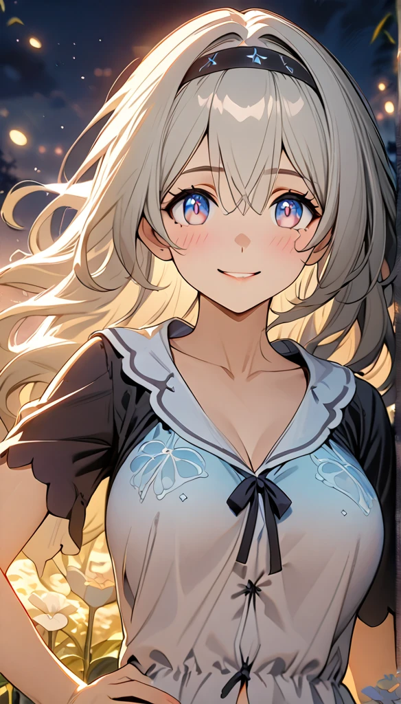 beautiful girl, long grey hair, beautiful face,smiling,close up to hips, beautiful breast, in the middle of hot springs, (open mouth:0.4),illustration,detailed textures(realists),ultra-detailed,portrait style,vivid colors,soft lighting, blushing, mature, hair fluttering, evening light , head band, half body, looking at viewer, cleavages, wearing beautiful night sleepwear, no bra, perky, sweaty, wet clothes