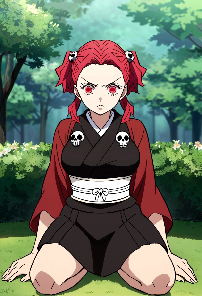 Captura de pantalla de Kimetsu No Yaiba, Women, with black and red hair, Red eyes, wearing a black kimono with skulls, very beautiful, whole body, serious face, sitting in a garden, big funny chest bags, anime, small skirt , about 22 years old, two pig tails with skull pin
