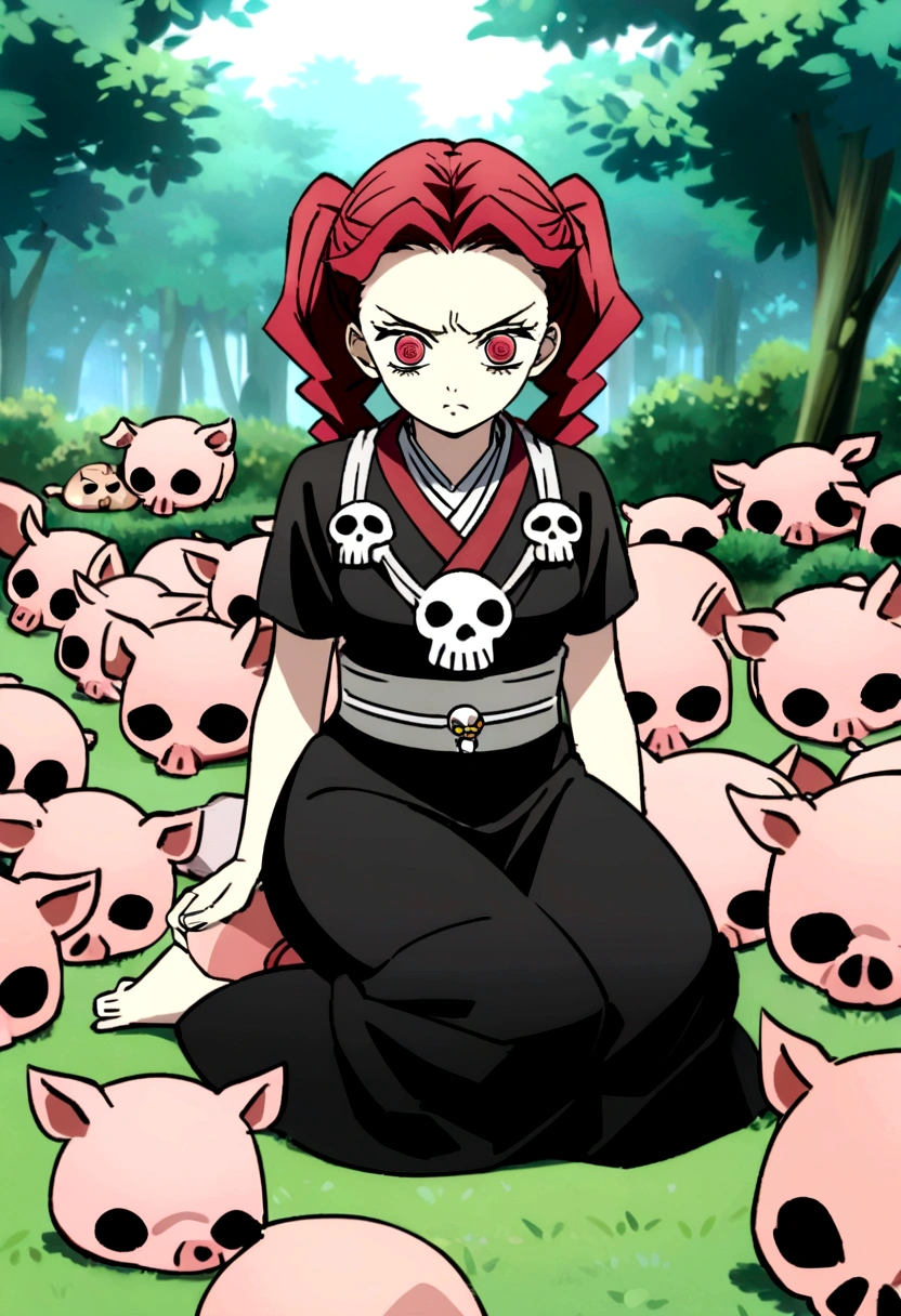 Captura de pantalla de Kimetsu No Yaiba, Women, with black and red hair, Red eyes, wearing a black kimono with skulls, very beautiful, whole body, serious face, sitting in a garden, big funny chest bags, anime, small skirt , about 22 years old, two pig tails with skull pin