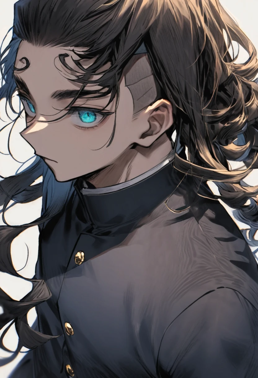 Yuzo is a -yeld yo boy he is a cool headed introverted and reserved boy with bright small glossy turquoise eyes had a lot of detail to them making it seem as if he had sharp eyes, with unruly brownish black hair, blond shaven temporal sides as his hair reached the bottom of his neck in with a stringy curly texture as his hair was curling up on the ends and the front was pushed upfront with some longer locks hanging down to his forehead his hair styled in a undercut fashion which showed more of his face and forehead and covered less of the front part of his face and eyes, despite this he had very attractive and handsome appearance)
- (Yuzo wore his version of the jujutsu high uniform he wore a a white long sleeve gakuran-style high collared close rigth-over-left swearshirt with two swirl golden decor buttons attached to it with the shirt slightly tucked into navy blue slim button pants with a maroon belt around his waist flapping loosely off his hip