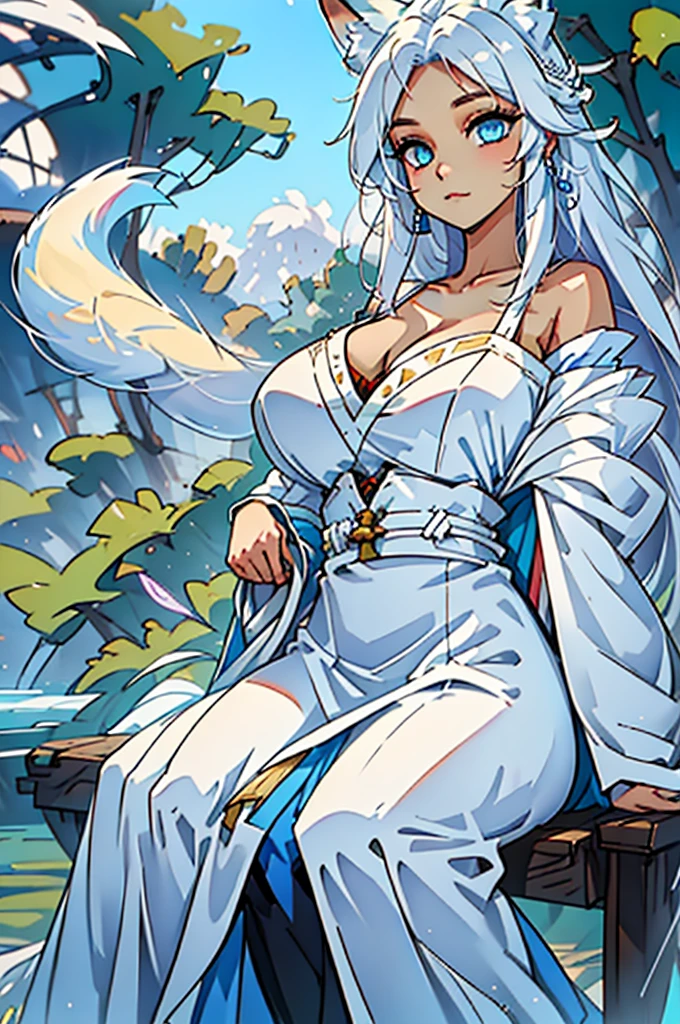 (8k, RAW photo, best quality, masterpiece:1.2), (intricate details), perfect eyes, perfect face, perfect lighting, beautiful, (masterpiece:1.2), (best quality:1.2), 1girl, solo, white fox girl, white hair, ((long loosen hair)), fox ears, white long fluffy tail, adult torso, , slight smile, huge sized breasts, ( blue dress), cowboy shot, 3DMM, seated, front view
