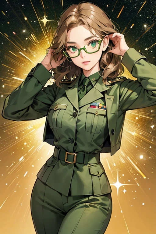 SHe has dark blond hair and green eyes, and wears glasses. HER usual choice of outfit in the WWII-set strips is a deep green military suit. SHe's also iconically seen surrounded by yellow sparkles. SPARKLE; GLITTER