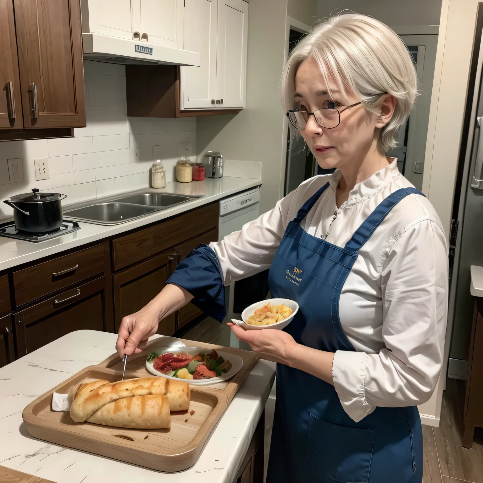 a single elderly woman with white hair wearing glasses and a cooking apron serving the rectangular table full of food