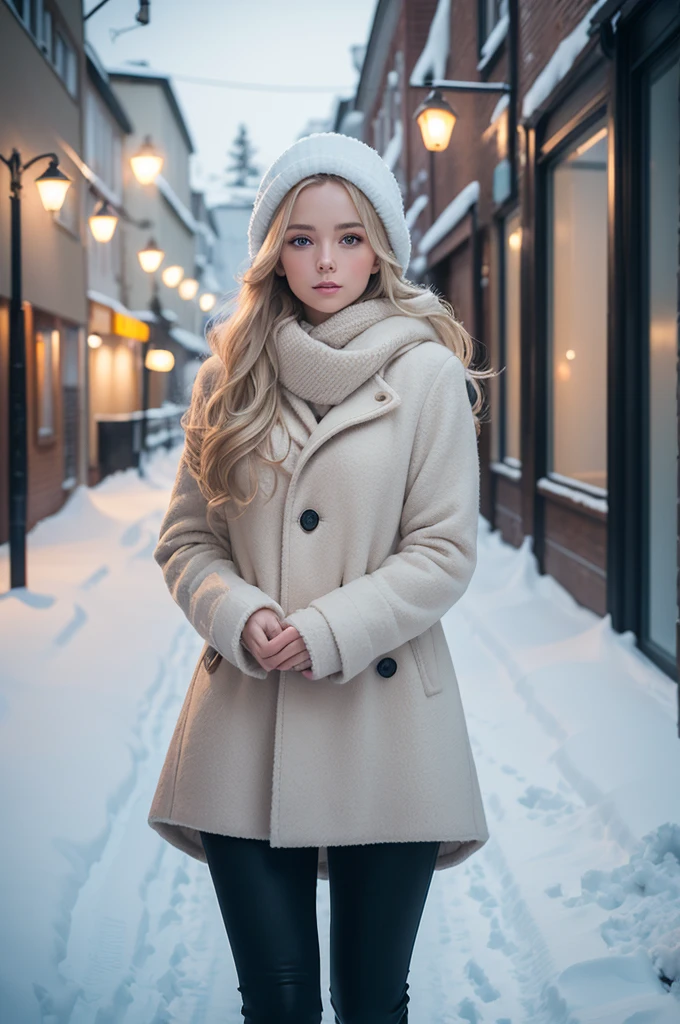 professional photography of a beautiful norwegian girl in winter clothes with long wavy blonde hair, sensual and seductive look, beautiful symmetrical face, beautiful natural makeup, wearing chic warm winter fashion clothing, ((standing outside on the snowy city street)), impressive modern urban environment, ultra realistic, conceptual artwork, chic, highy detailed, intricate, sharp focus, Depth of field, f/1. 8, 85 mm, medium shot, mid shot, (((professional color grading))), soft and bright diffused light, (Volumetric fog), Trends on Instagram, HD 4k, 8K