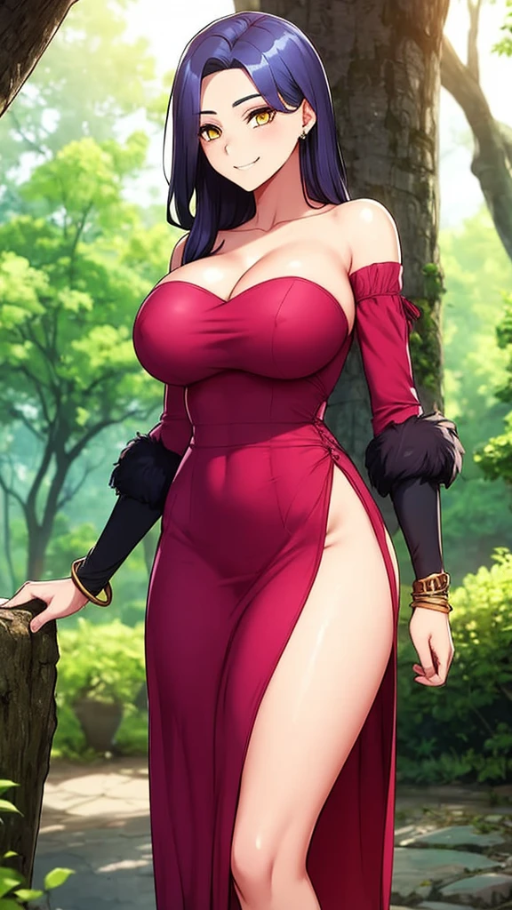 1 Girl，breast，solo，Purple Hair，dress，Cleavage，Yellow eyes，大breast，Looking at the viewer，Tree， shoulders，Hair between the eyes，Jewelry，Fur trimming，Side splits，Long hair，forest，Headdress，Standing，黑色dress，Wide sleeves，nature，Separate sleeves，bracelet，Smile