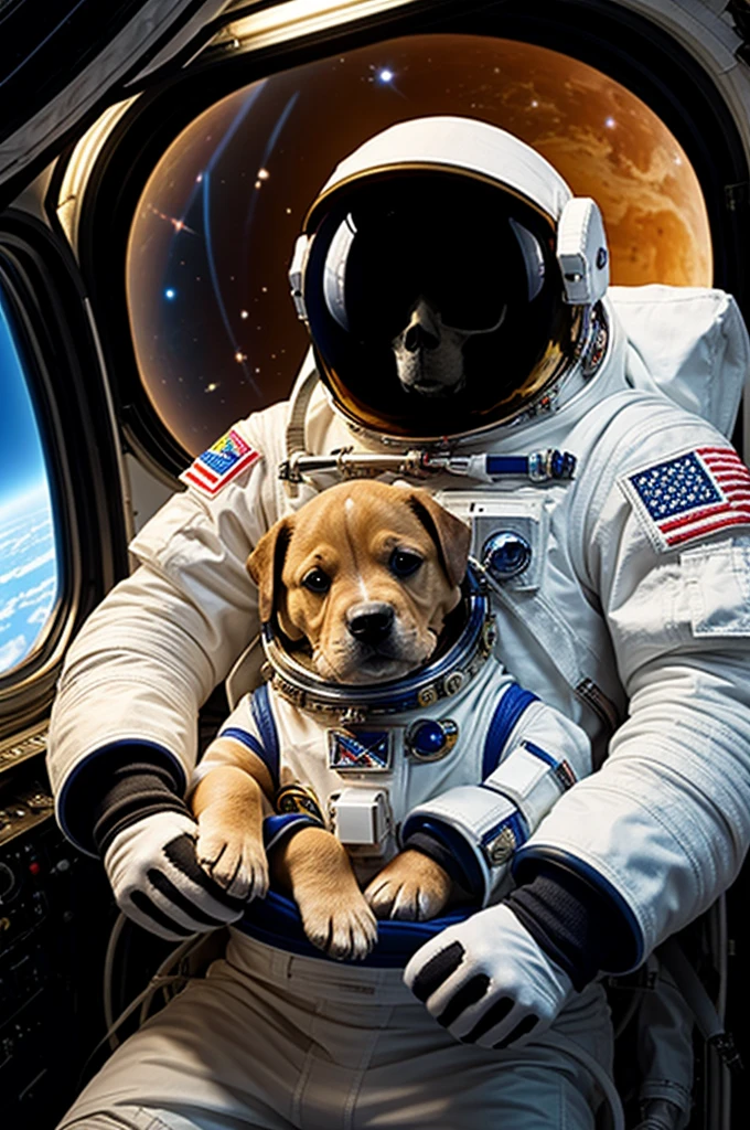 An astronaut with a skull face and next to him a puppy in space