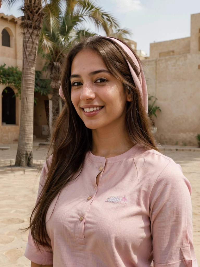 very high resolution, realistic Arab women, pink shirt, white teethes, cute smile, long brown hair, Jordan background, realistic facial details 