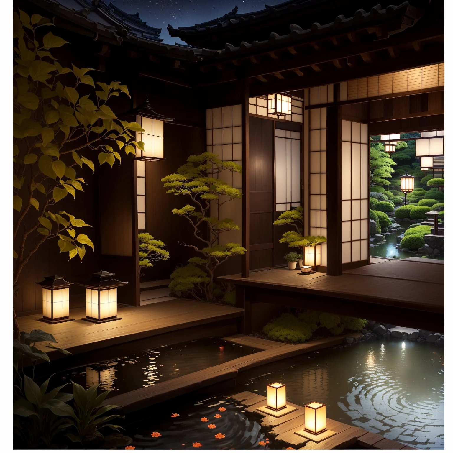 There is a table in the room,There are candles on it, Comfortable and peaceful atmosphere, Quiet and peaceful atmosphere, Peaceful evening atmosphere, Kyoto Inspired, Beautiful Ambience, Night atmosphere, Japanese Houses, very large windows,window open,Beautiful scenery peaceful atmosphere, Lush plants and lanterns, Japanese style, Japanese Architecture, Beautiful Ambience, Beautiful design, japanese inspired, There is a fish pond and a garden