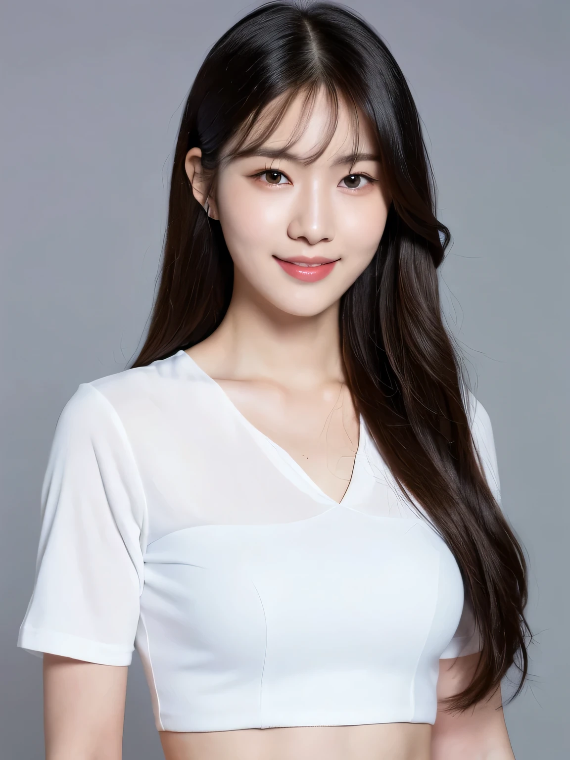 (((Best image quality,8K quality),masterpiece)), Drawing style tags: Bangs, long hair:1.2, white shirt:1.1, highlighted body: 1. Plum:1.2, front shot:1.5, Summary of body details: refined face:1, double eyelid:1, smile:1, Photo scene details: gray background, k-pop idol, korean, 25 years old
