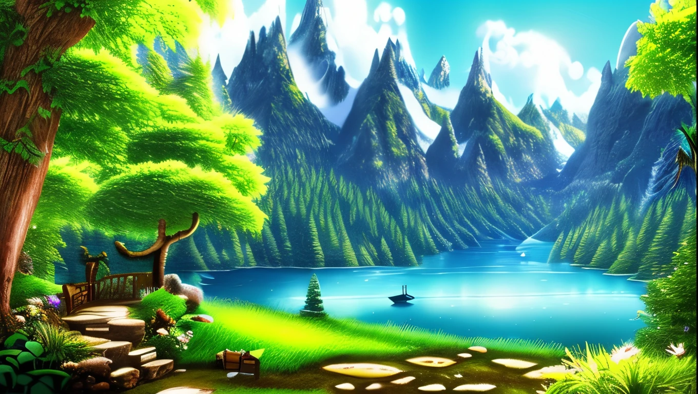 Person sitting on the floor, brooding. Very detailed landscape of a magical and dreamlike world. Symbols of nature. Kinematic lighting.