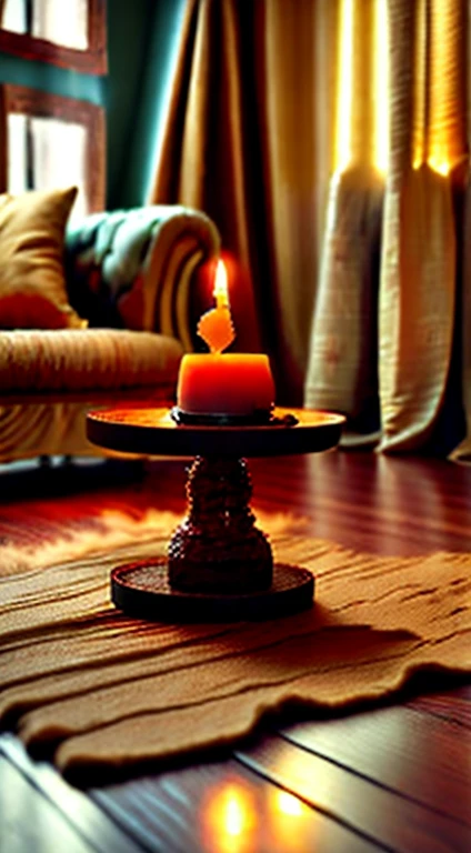 Photography, sofe, Tea table, ( Living room), Curtains, waxy candles, decorations, wooden floor, carpets