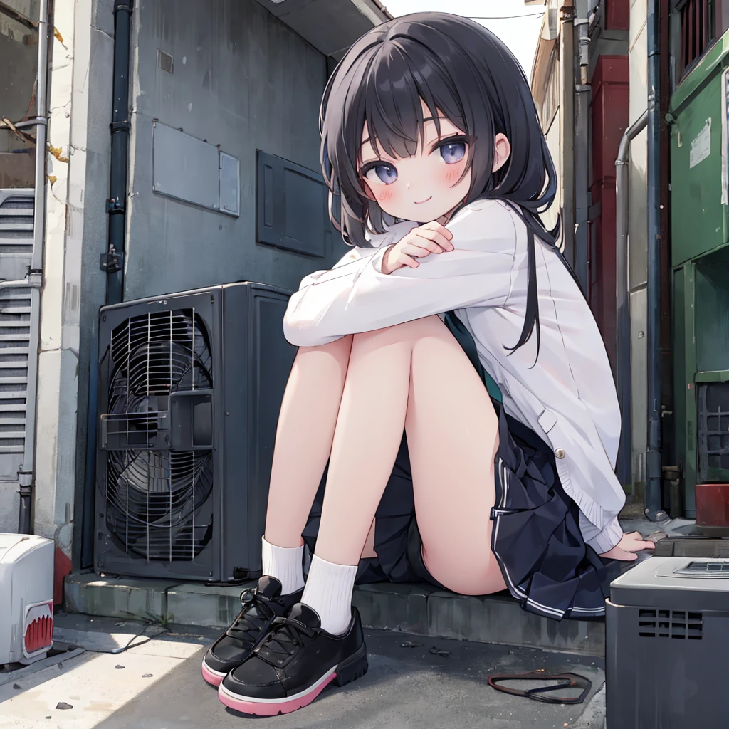 、Hold a condom in your mouth、A defiant smile、Lifting her skirt, a dark alley、Sit on the air conditioner's outdoor unit、Short black hair, Iris, Sailor Unifrom, Seraphim, A white shirt with a blue sailor collar and a red ribbon, Blue clothes, (White thighs), Black shoes, blue sky, smile,Double teeth, Wink, View your viewers, Lens flare,dramatic,