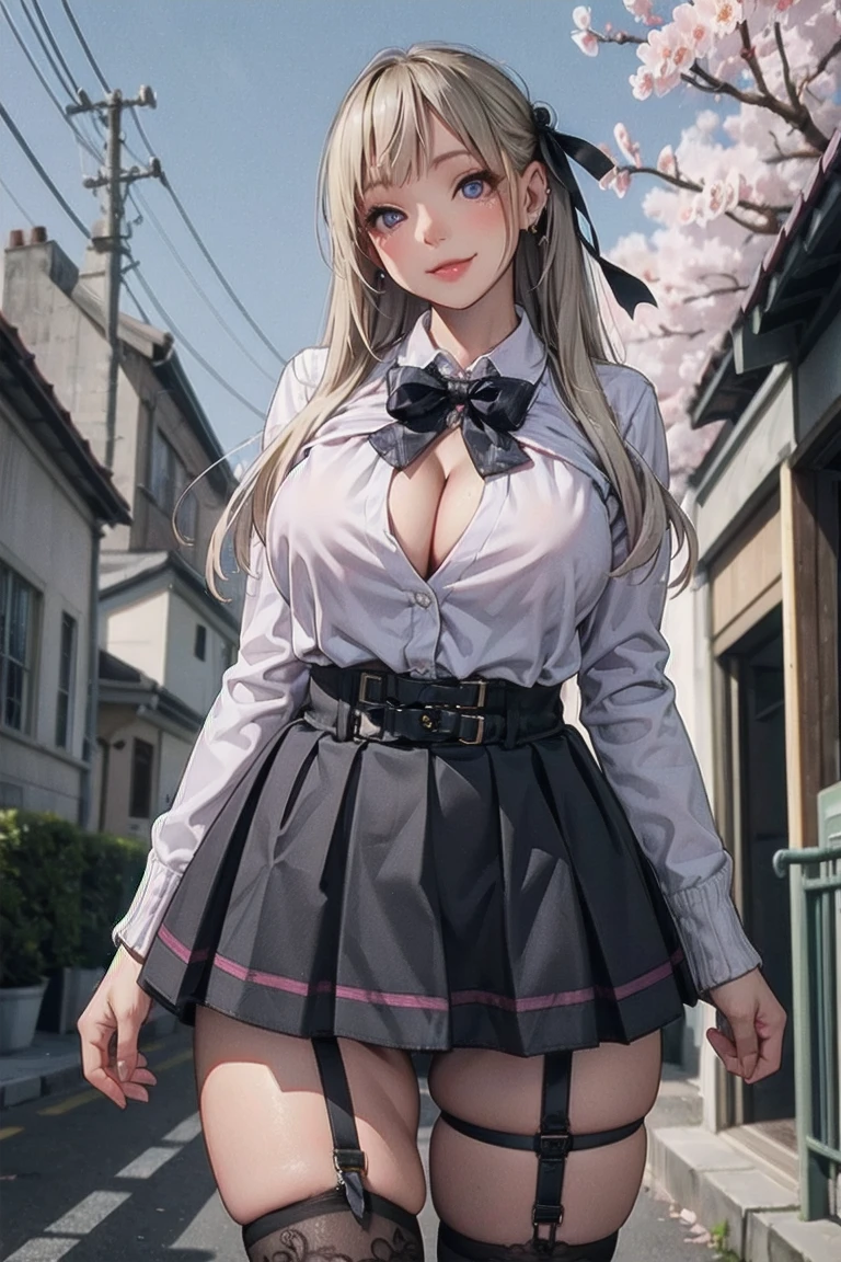 masterpiece, best quality, highres, hs1, light purple eyes, huge butt, wide hips, thick thighs upskirt, long sleeves, cleavage, long blonde hair, pink cardigan, black thighhighs, plaid skirt, red ribbon, garter straps, , outdoors, cowboy shot, standing, smile, panty peek, floral print pink panties, looking at viewer, thick thighs, jirai kei, ear piercings, street view, sakura