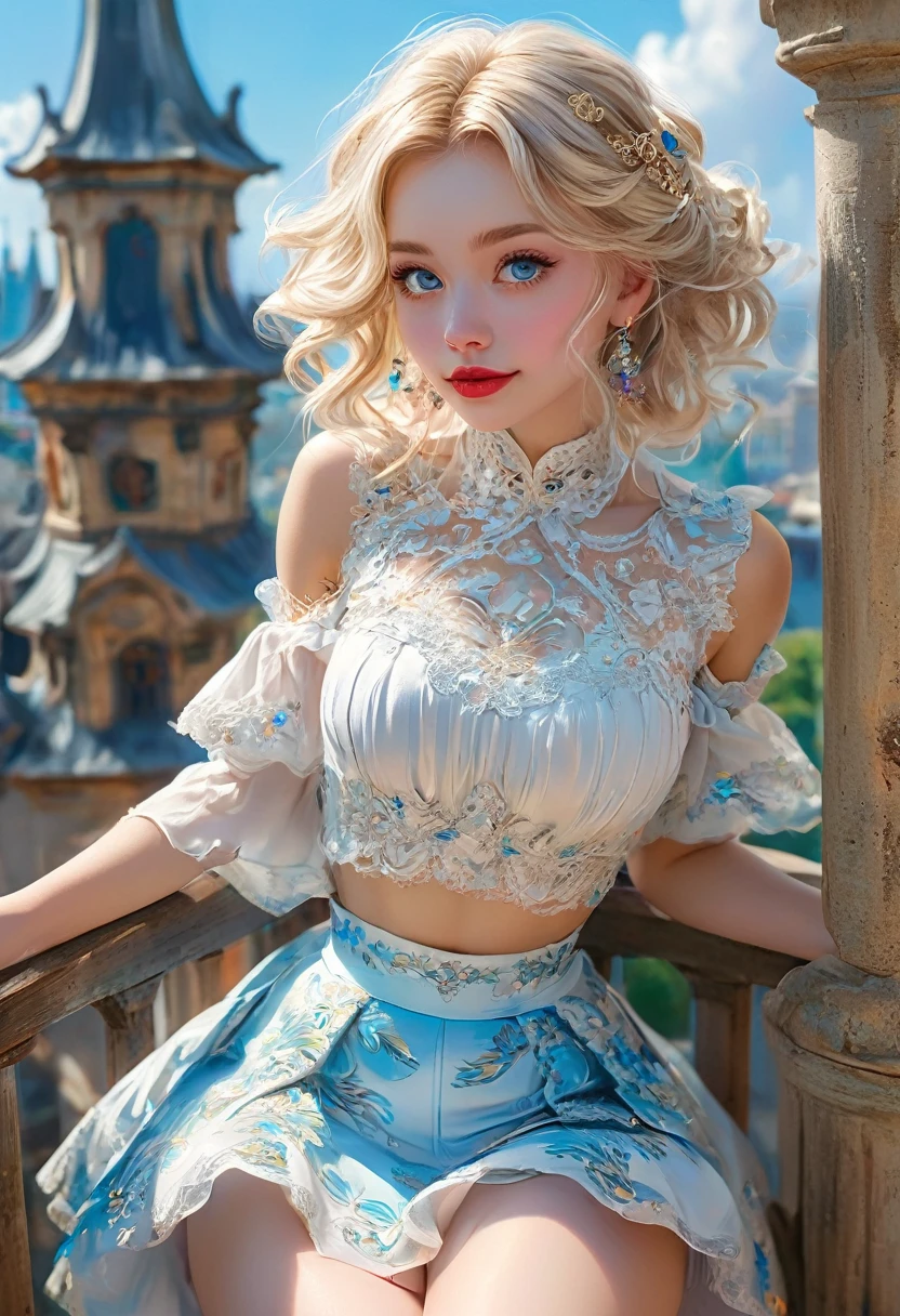 pink waist high short skirt, platinum blonde, very long hair, chignon, crop top. leaning forward provocatively, Messy Hair, Pale Skin, Red Lips, On hands and knees.  skirt Wth Woodcut Patterns, crop top Wth Blue Rosemaled Designs. Midriff Wide Smile, Eyes Detailed & Wide,Dynamic Pose. On hands and knees Digital Painting, 4K Ultra HD, Rococo-Inspired Fantasy Art With Intricate Details. Cute, Charming Expression, Alluring-Gaze, Beautiful Blue Eyes, An-Ideal-Hourglass-Figure.. Large Youthful Well-Shaped Bosom, Large-butt. massive-Round-Breasts Décolletage. Full Length Side Profile Anna Popplewell
