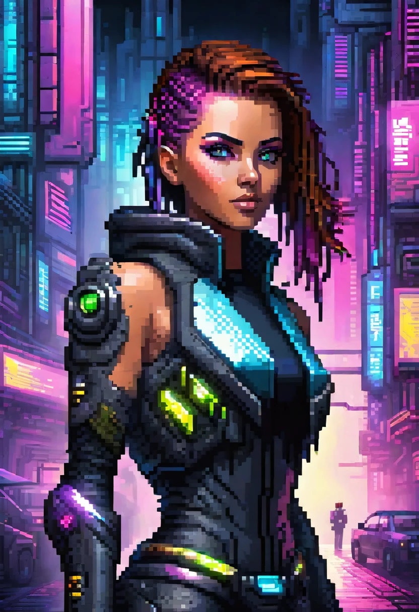 futuristic female, cyberpunk female, high resolution, absurderes(beautiful face and highly detailed eyes)Perfect Anatomia, good lighting, cinematic shadow, detailed back ground, Action game user interface, dots game, pixel art, 8 bits pixel art, player selection page, 1 girl, 1 young boy,