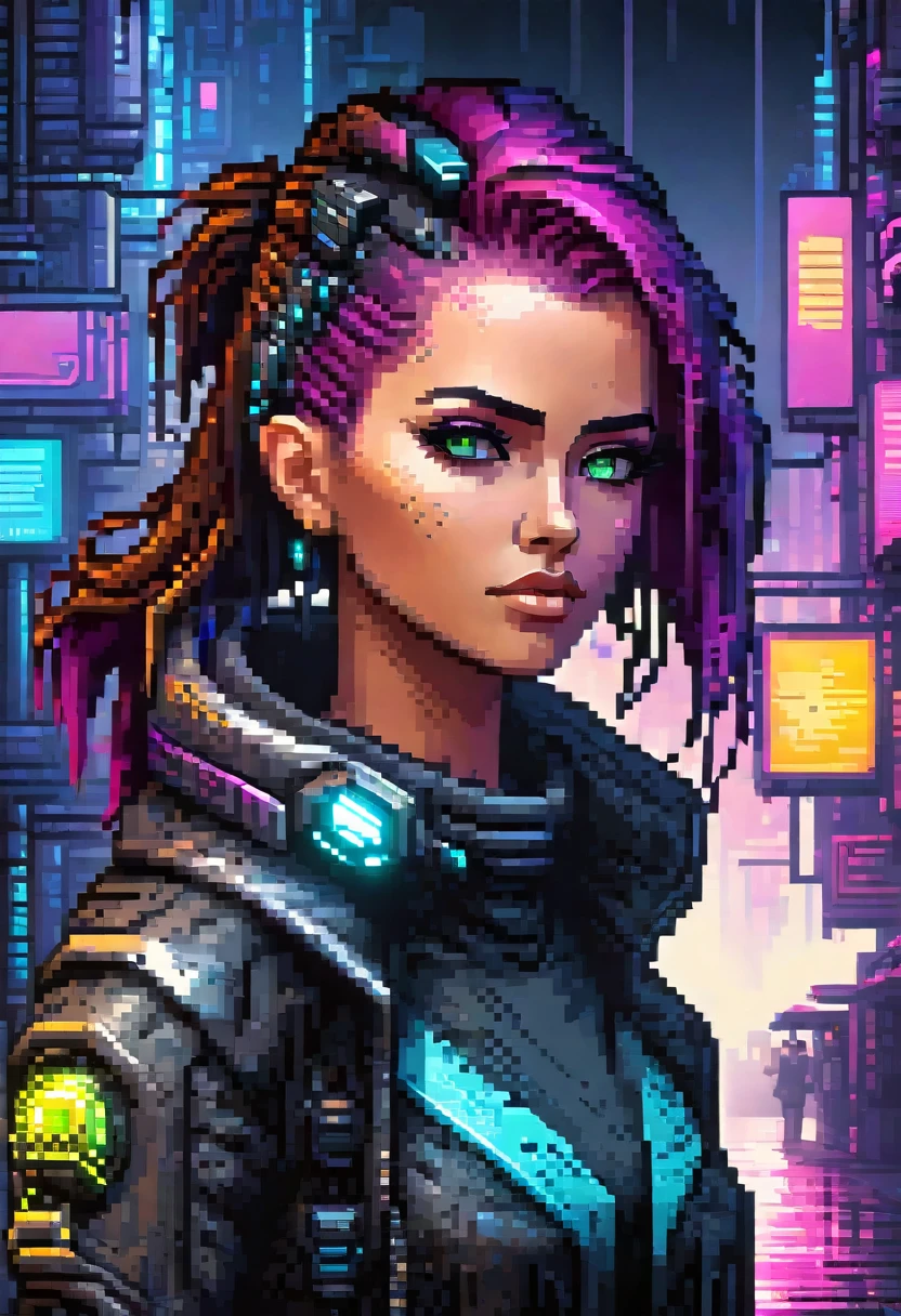 futuristic female, cyberpunk female, high resolution, absurderes(beautiful face and highly detailed eyes)Perfect Anatomia, good lighting, cinematic shadow, detailed back ground, Action game user interface, dots game, pixel art, 8 bits pixel art, player selection page, 1 girl, 1 young boy,