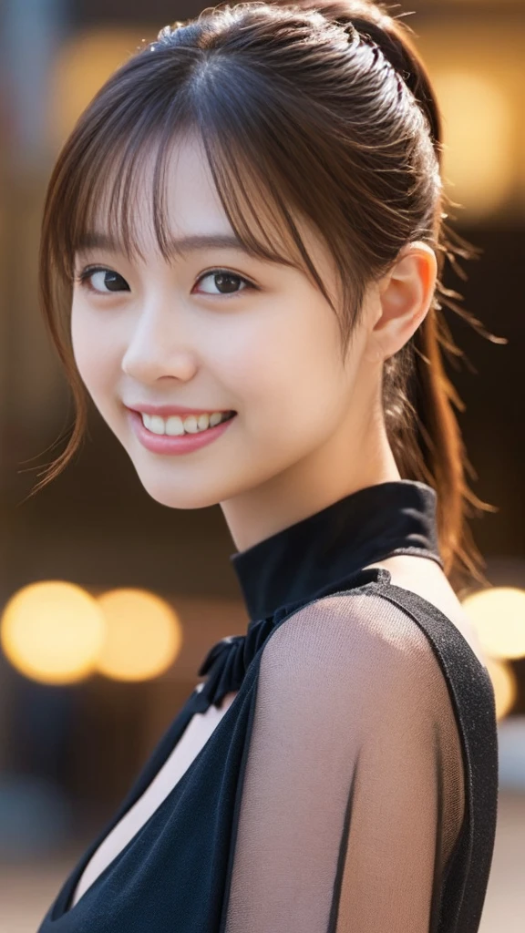 1 Girl, (Wearing a black blouse:1.2), Beautiful Japanese actresses, (ponytail:1.3),
(RAW Photos, Highest quality), (Realistic, Photorealistic:1.4), masterpiece, 
Very delicate and beautiful, Very detailed, 2k wallpaper, wonderful, 
finely, Very detailed CG Unity 8K 壁紙, Very detailedな, High resolution, 
Soft Light, Beautiful detailed girl, Very detailed目と顔, Beautiful and detailed nose, Beautiful and detailed, Cinema Lighting, 
break
(Snowy night cityscape as background 1.3), City lights, 
Perfect Anatomy, Slender body, smile, Face the front completely, Looking at the camera