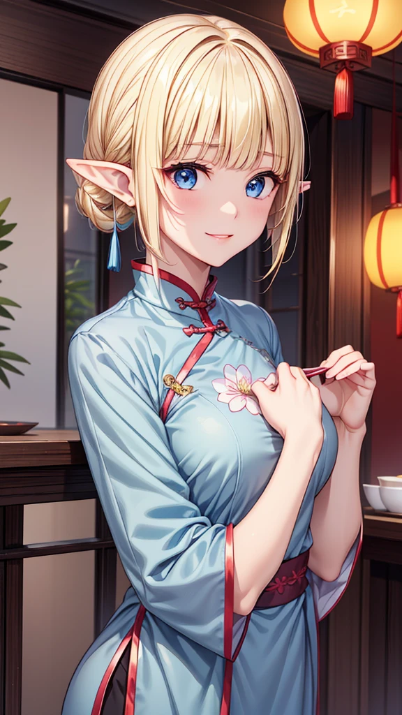 Very close、((Focus on the upper body))、(((16K、masterpiece、High resolution、High resolution)))、****ung elven girl))、((Beautiful blonde))、short hair、((Beautiful Blue Eyes))、((Pointy Ears))、、Smiling Kindly、Grin、blush、Pink Lip Gloss,((Bright blue Chinese clothing))、((Chinese restaurant))、look at me、((Put your hands together))、Look up at me