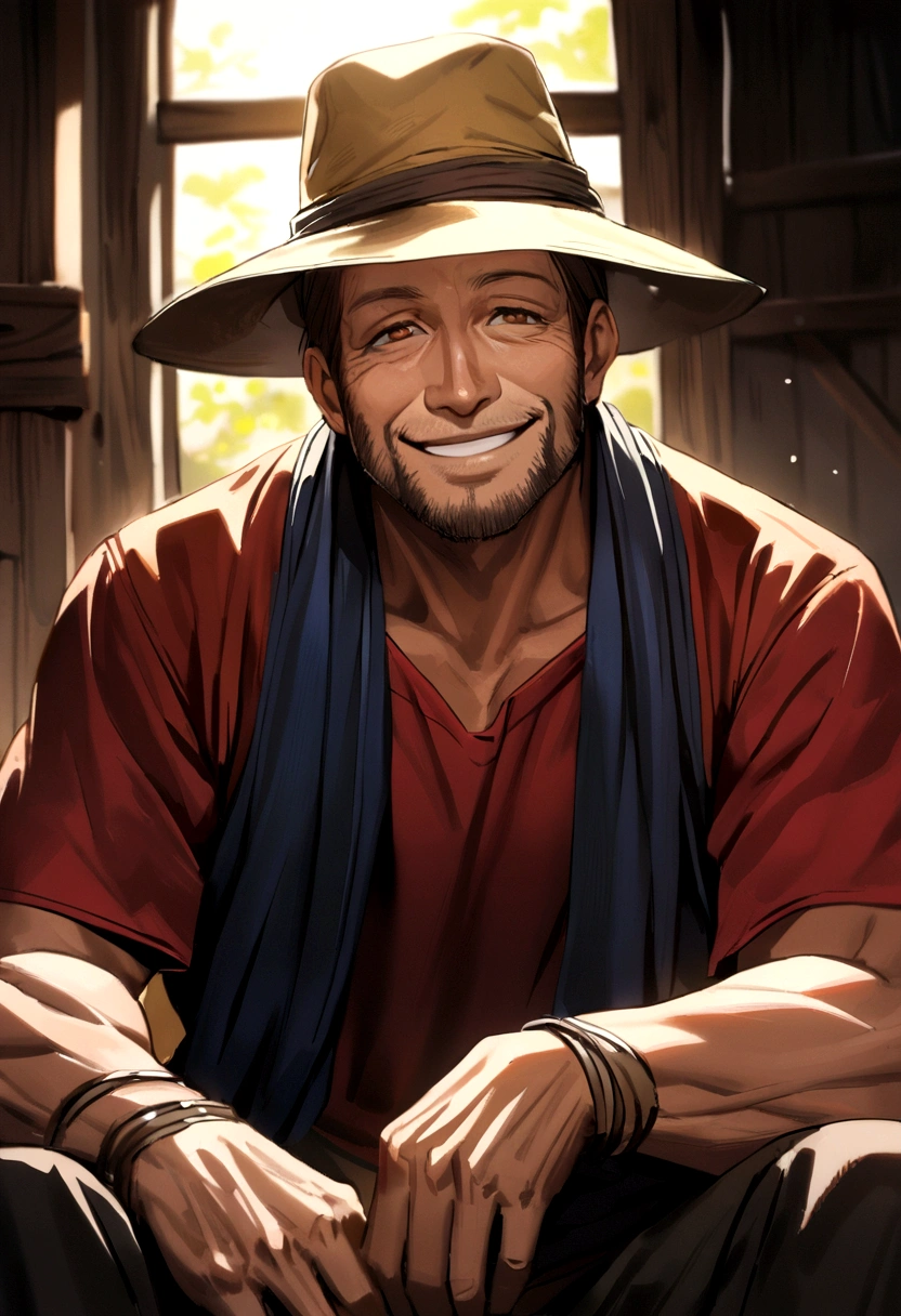 40 year old man, brown hair, brown eyes, wearing a dark yellow hat, blue tank top, red t-shirt underneath, smiling. famer