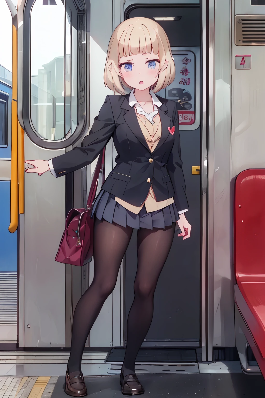 (8K、Highest quality、highest quality、masterpiece)、Detailed face、One girl、on the train、((Pressing her chest against the train window 1.4))、、short hair、、blunt bangs、Grey Eyes、、、((Blazer jacket uniform))、((Pleated skirt))、((No panties))、((bent over))、Back Alley Background、Very large breasts、Nipples are visible、、Black Pantyhose、Milk dripping from nippleilk spurting from the nipple、、Open your mouth、Troubled face、Love juice from the genitals、Full body portrait、Black Loafers、One man、Hearts in the eyes、Sex with a man、A man stands behind