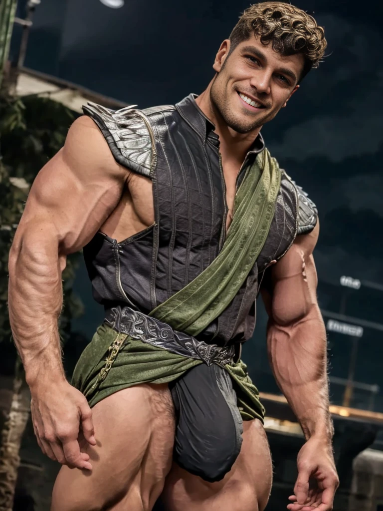 Photorealistic, Hero Super Bulge, ((best quality)), ((masterpiece)), (detailed),masculine portrait of a hero with the power of bulge, (Hero outfit), smile, 28-year-old male models, handsome, tall, manly looking, beard:1.7, powerful, young male, handsome model, light green eyes, short hair, buzz cut, (short curly messy hair:1.2), messy curly hair, muscular, fit, six pack, torn hero outfit, hairy barechested, half naked, bulge, ripped, night, (Dark city background:1.6) 8k, high detailed, ultra-detailed, Stylish Pose, real skin texture, dark cinematic lighting