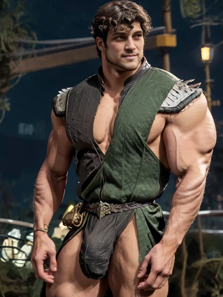 Photorealistic, Hero Super Bulge, ((best quality)), ((masterpiece)), (detailed),masculine portrait of a hero with the power of bulge, (Hero outfit), smile, 28-year-old male models, handsome, tall, manly looking, beard:1.7, powerful, young male, handsome model, light green eyes, short hair, buzz cut, (short curly messy hair:1.2), messy curly hair, muscular, fit, six pack, torn hero outfit, hairy barechested, half naked, bulge, ripped, night, (Dark city background:1.6) 8k, high detailed, ultra-detailed, Stylish Pose, real skin texture, dark cinematic lighting