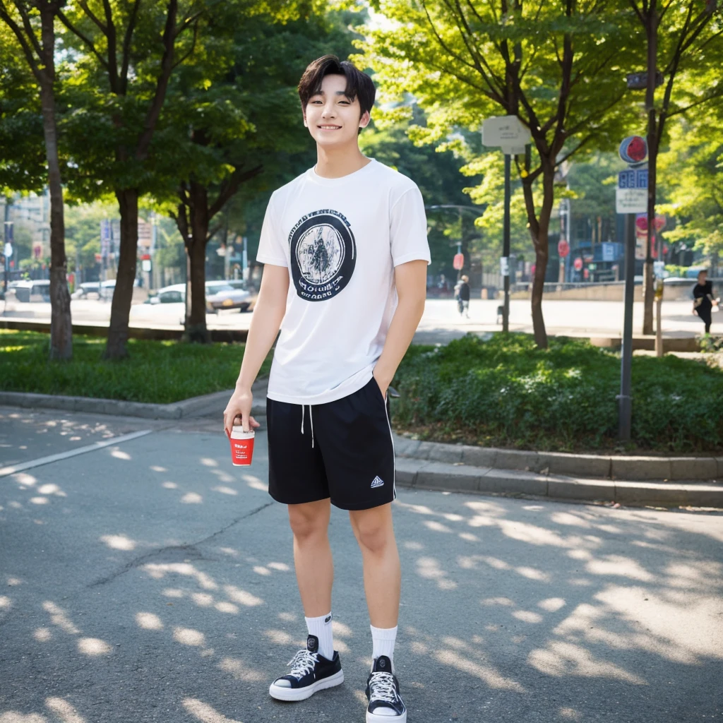 ((hyperdetail)), ((hyperrealistic)), ((hyperrealism)), Professional, Angle camera shooting from below, realistic, High level of detail, Full body photo of 25 years old Korean male, alone, just 1 man, one man,  face like Jungkook BTS, nice hair like Jungkook BTS hair, nice eyes, wearing t-shirt, wearing sneakers, full body, fit body almost 75 kg bodyweight weight and 185 cm body height, fit body like gym trainer, not thin and not fat, cool pose hand, hold a tumbler with right hand, standing posing for a photo, chill on a city park, photogenic pose, smile pose, (random standing pose: 1.3) ,Natural light, (Attractive young man:1.3), (:1.1), (blush:1.1), bacgkround at street near seoul district , shower of sunshine,