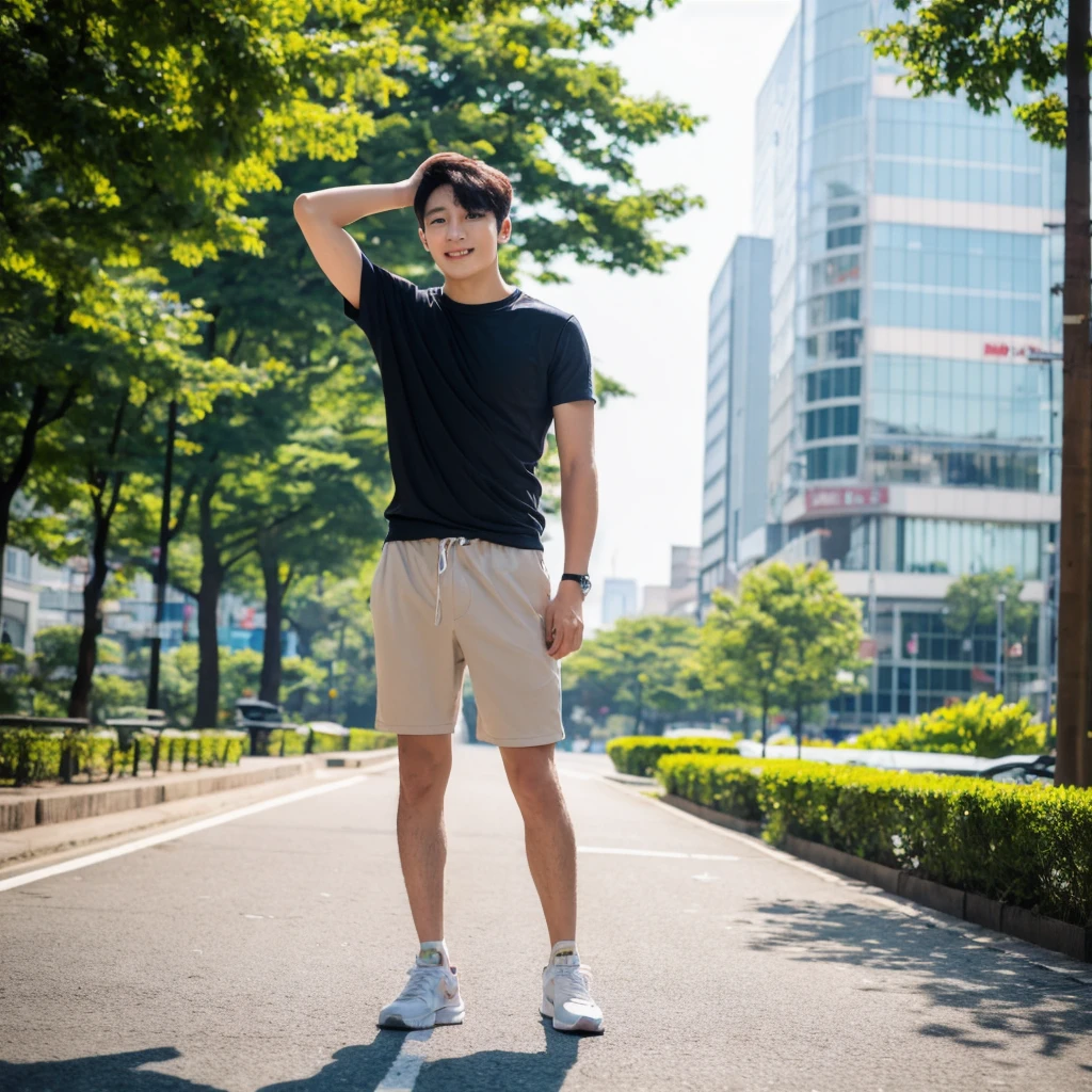 ((hyperdetail)), ((hyperrealistic)), ((hyperrealism)), Professional, Angle camera shooting from below, realistic, High level of detail, Full body photo of 25 years old Korean male, alone, just 1 man, one man, face like Jungkook BTS, nice hair like Jungkook BTS hair, nice eyes, wearing t-shirt, wearing sneakers, full body, fit body almost 75 kg bodyweight weight and 185 cm body height, fit body like gym trainer, not thin and not fat, cool pose hand, hold a tumbler with right hand, standing posing for a photo, chill on a city park, photogenic pose, smile pose, (random standing pose: 1.3) ,Natural light, (Attractive young man:1.3), (:1.1), (blush:1.1), bacgkround at street near seoul district , shower of sunshine,