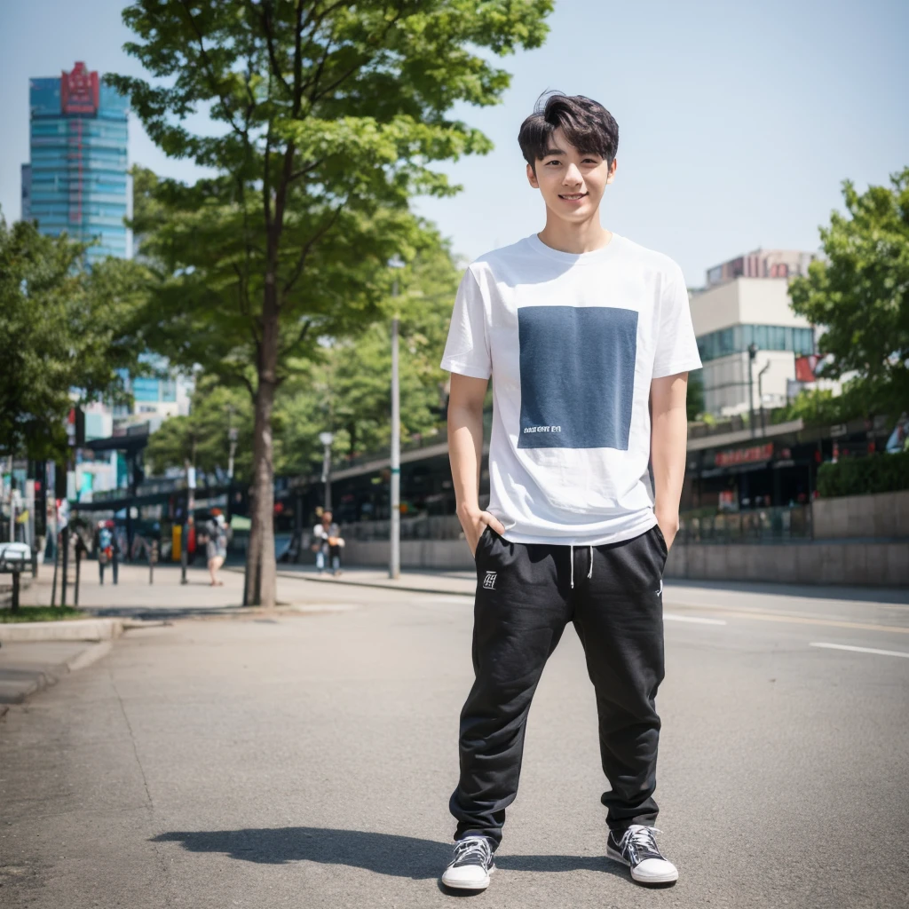 ((hyperdetail)), ((hyperrealistic)), ((hyperrealism)), Professional, Angle camera shooting from below, realistic, High level of detail, Full body photo of 25 years old Korean male, alone, just 1 man, one man, face like Jungkook BTS, nice hair like Jungkook BTS hair, nice eyes, wearing t-shirt, wearing sneakers, full body, fit body almost 75 kg bodyweight weight and 185 cm body height, fit body like gym trainer, not thin and not fat, cool pose hand, hold a tumbler with right hand, standing posing for a photo, chill on a city park, photogenic pose, smile pose, (random standing pose: 1.3) ,Natural light, (Attractive young man:1.3), (seductive:1.1), (blush:1.1), bacgkround at street near seoul district , shower of sunshine,