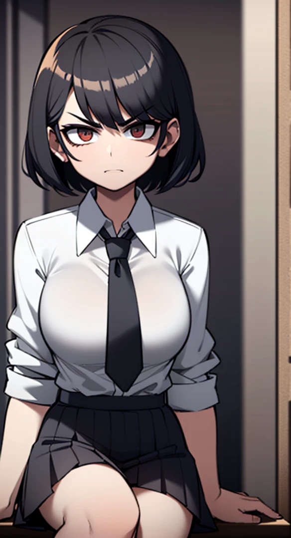 girl short black hair, angry, shirt tie and school skirt