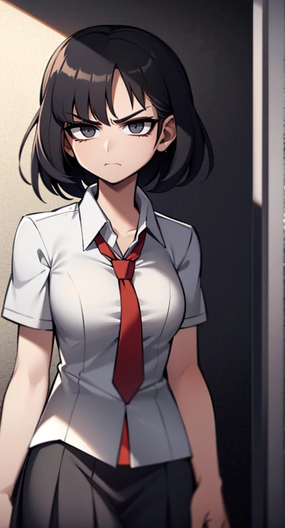 masterpiece, highest quality, highest quality, One girl, alone, View your viewers, , Tezuka Rin, (Amputee without an arm:1.2), Brown Hair, collar, collared shirt, (double amputee:1.2), Green Eyes, katawa shoujo, Red tie, shirt, short hair, alone, white shirt, Rozhkin, Grin, Accurate teeth with gaps
