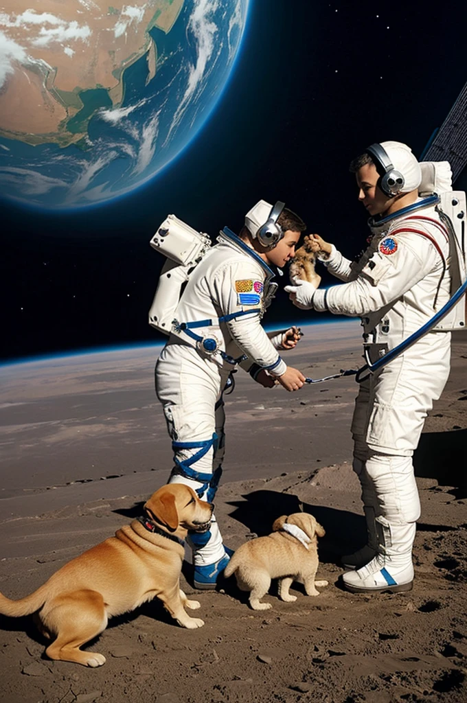 An astronaut feeding a puppy on his knees on Earth