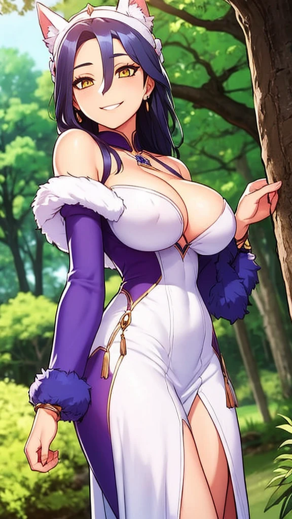 1 Girl，breast，solo，Purple Hair，dress，Cleavage，Yellow eyes，大breast，Looking at the viewer，Tree，Bare shoulders，Hair between the eyes，Jewelry，Fur trimming，Side splits，Long hair，forest，Headdress，Standing，黑色dress，Wide sleeves，nature，Separate sleeves，bracelet，Smile