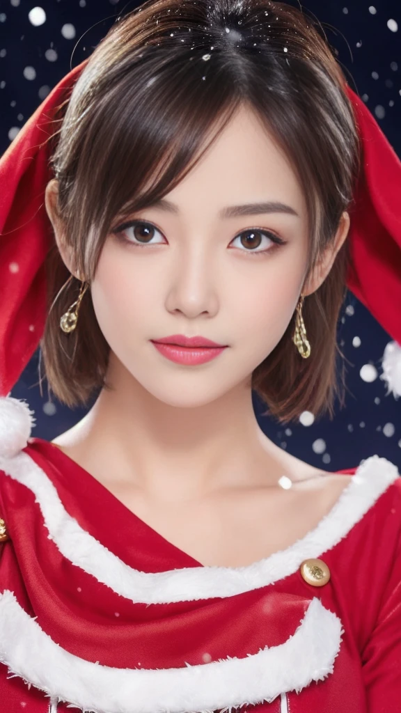 1girl, (santa claus costume slim fit:1.75), symmetry,(Cute ultra young girl:2.0),(ultra short hair:1.75), ultra big smile, (Beautiful large round droped detailed eyes:1.5), beautiful detailed lips, (extremely detailed beautiful face, natural makeup, Incredibly beautiful skin:2.0), (best quality,4k,8k,highres,masterpiece:2.0),(ultra-detailed,realistic,photorealistic,photo-realistic:1.75),professional,vivid colors,studio lighting on her face, (snowing night town,christmas eve:1.25)