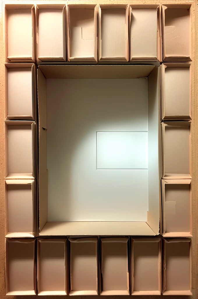 there is a Brown color Cardboard box picture of a square cardboard box shelf with a square design, Empty cardboard box, no contents inside the cardboard, inside a frame on a tiled wall, inspired by Rachel Whiteread, in a cardboard box. top down photo, top - view, layout frame, simple ceiling, rectangular piece of art, set photo, by Rachel Whiteread, inside its box, all inside frame, with everything in its place