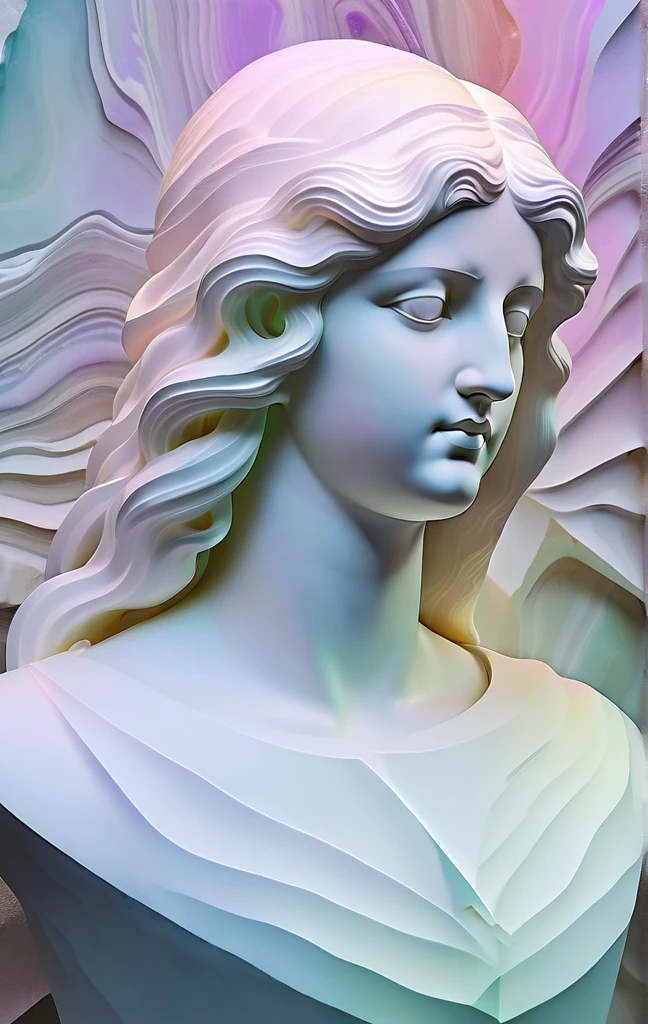 (bright dichroic lines:2), a greek marble bust, (long billowing hair:1.4), foggy, hazy, blurry geometric gradients background