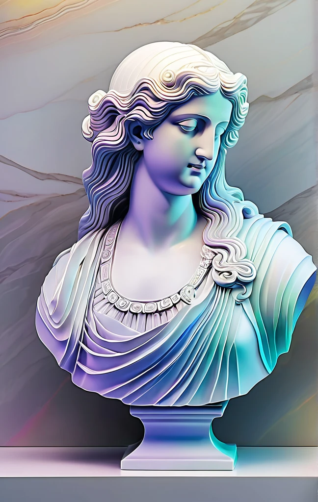 (bright dichroic lines:2), a greek marble bust, (long billowing hair:1.4), foggy, hazy, blurry geometric gradients background